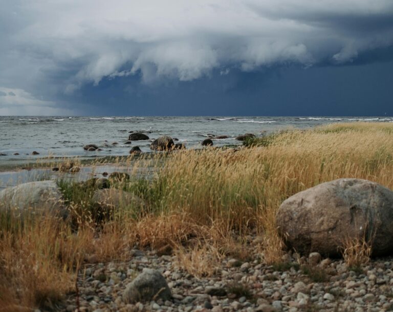A powerful storm approaches over a rocky coastline, emphasizing nature's dramatic beauty.