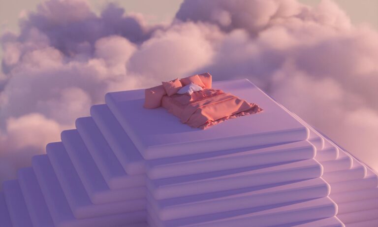 A dreamlike scene with a bed atop stairs surrounded by pink clouds, evokes serenity.
